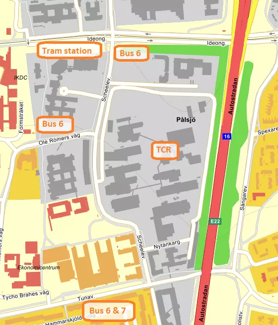 Map that shows TCRs location, and also the tram and bus stops.